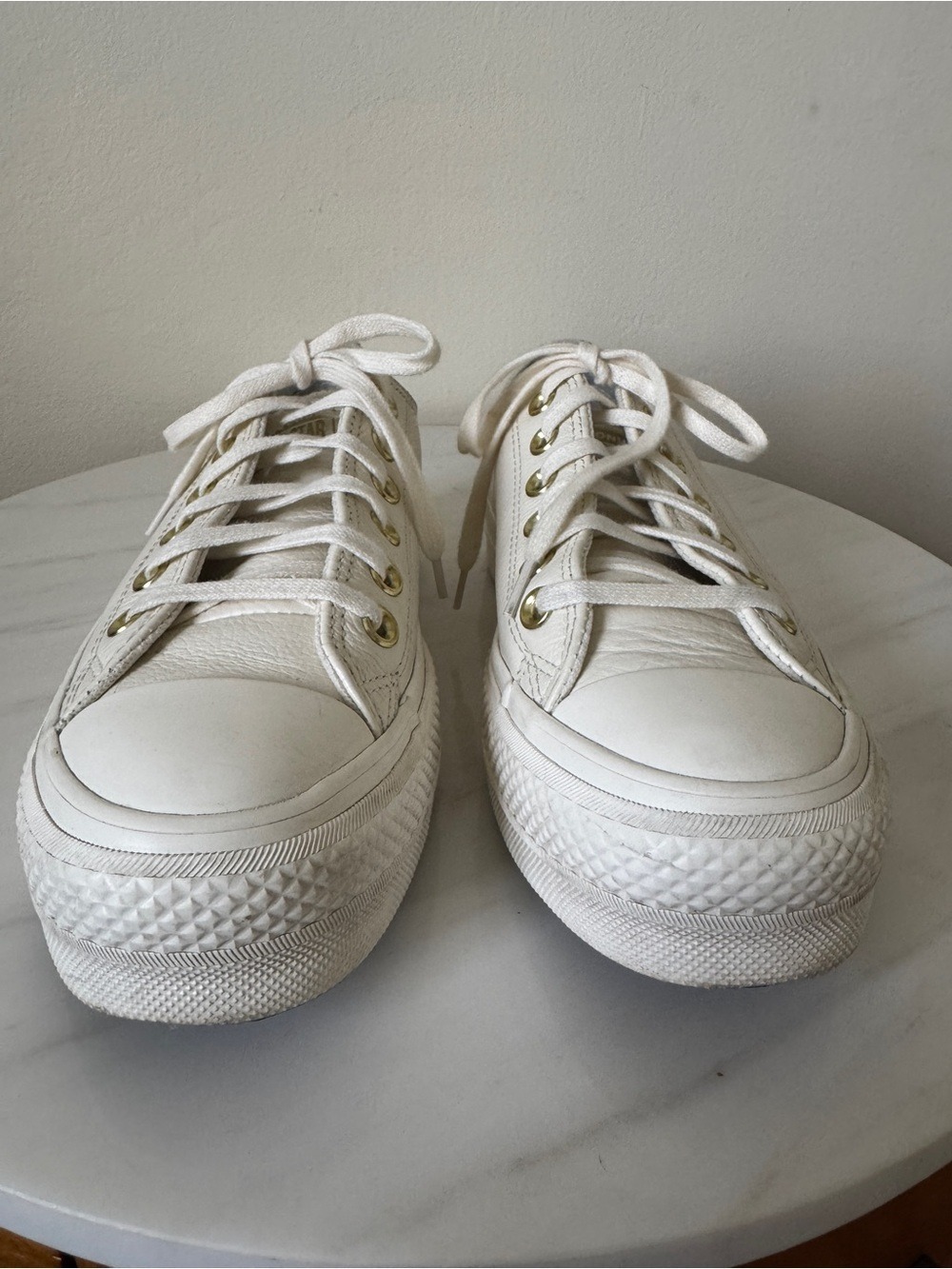 Converse White Platform Lace-Up Sneakers with Gold Eyelets, Size 6.5 - Picture 4 of 11